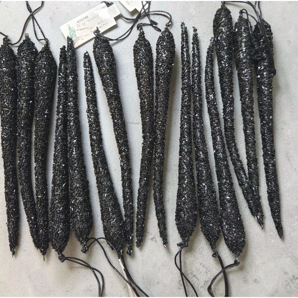 Black Sparkle Icicles Set Of 15 - 9.5in Halloween Holiday Decor - Nwt